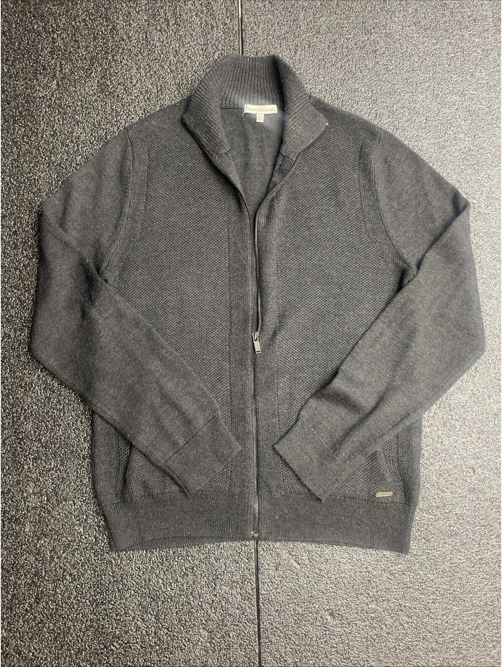Calvin Klein Jeans Mens L Black Vintage Full Zip Jacket Acrylic/Wool Mock Neck